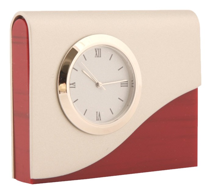 Funky Analog Desk Clocks Have A Square Body Accented With A Red Wooden