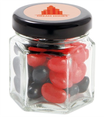40gm Mini Jelly Beans Corporate Colours Small Hexagon Glass Jar