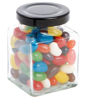 90gm Mini Jelly Beans Mixed Colours Small Square Glass Jar