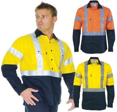 HiVis 2 Tone 190gsm Cotton Drill Vented Shirt Cross Back Tape Long Sleeve