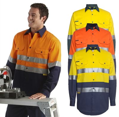 HiVis Day Night 190gsm Cotton Drill Work Shirt Long Sleeve