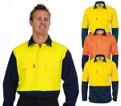 HiVis Two Tone Close Front Cotton Drill Shirt Long Sleeve