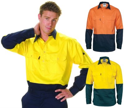 HiVis Two Tone Cool Breeze Close Front Cotton Shirt Long Sleeve