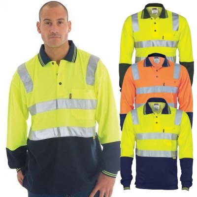 HiVis Two Tone Cotton Back Polo Shirts Reflective Tape Long Sleeve