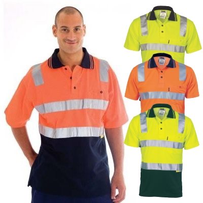 HiVis Two Tone Cotton Back Polo Shirts Reflective Tape Short Sleeve