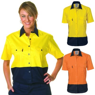 Ladies HiVis Two Tone Cool Breeze Cotton Drill Shirt Short Sleeve