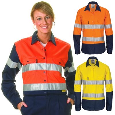 Ladies HiVis Two Tone Cotton Drill Shirt Reflective Tape Long Sleeve