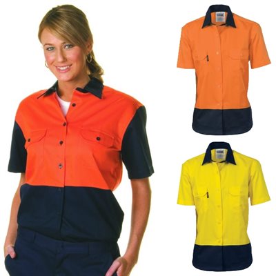 Ladies HiVis Two Tone Cotton Drill Shirt Short Sleeve