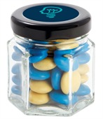 40gm Chocolate Beans Corporate Colours Small Hexagon Glass Jar