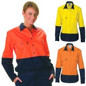 Ladies HiVis Two Tone Cool Breeze Cotton Drill Shirt Long Sleeve