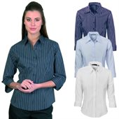 Ladies Stretch Yarn Dyed Contrast Stripe Shirts Three Quarter Sleeve